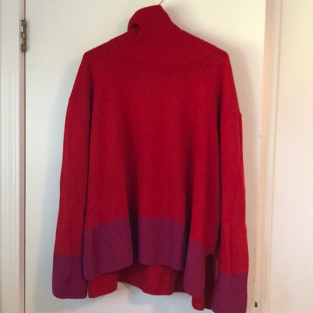 Women's Red Turtleneck Sweater with Purple Trim